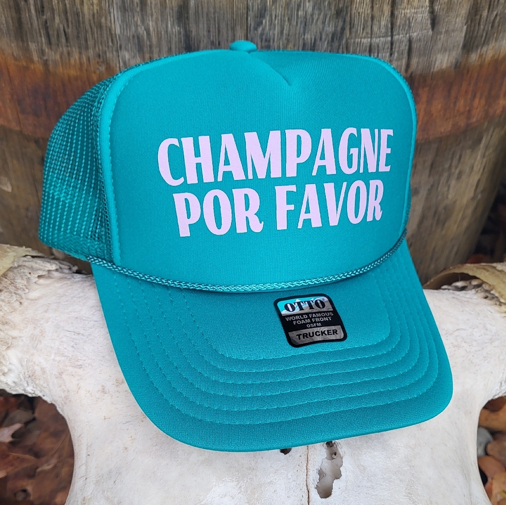 Teal Trucker Hat with Pink Lettering